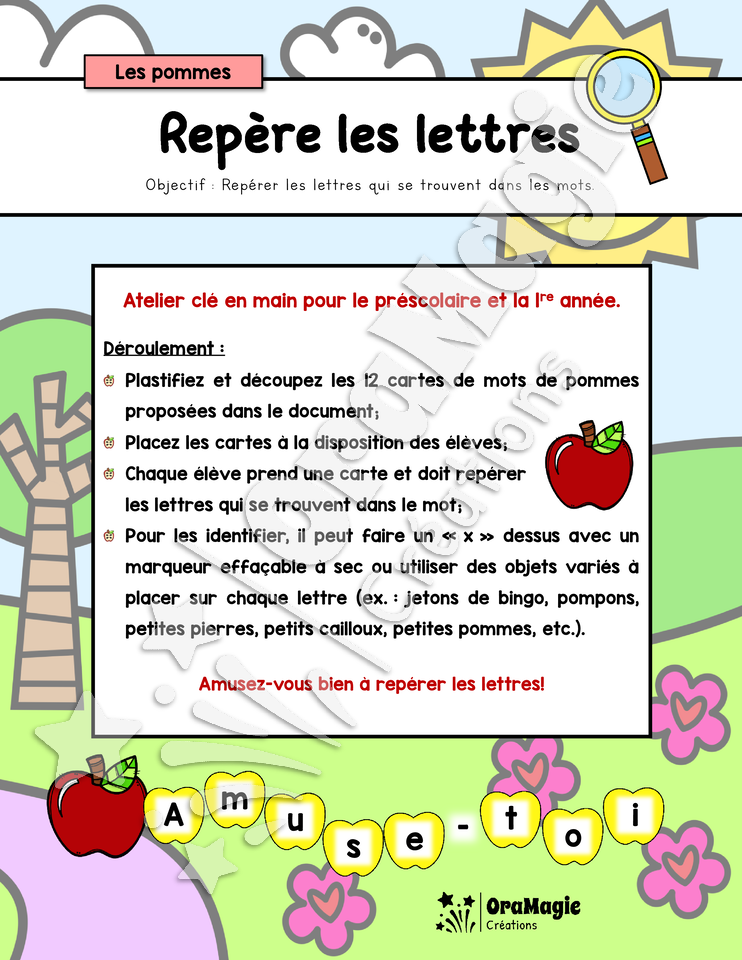 Repère les lettres - Thématique des pommes - Atelier alphabet - Préscolaire 1re année - 3$.pdf