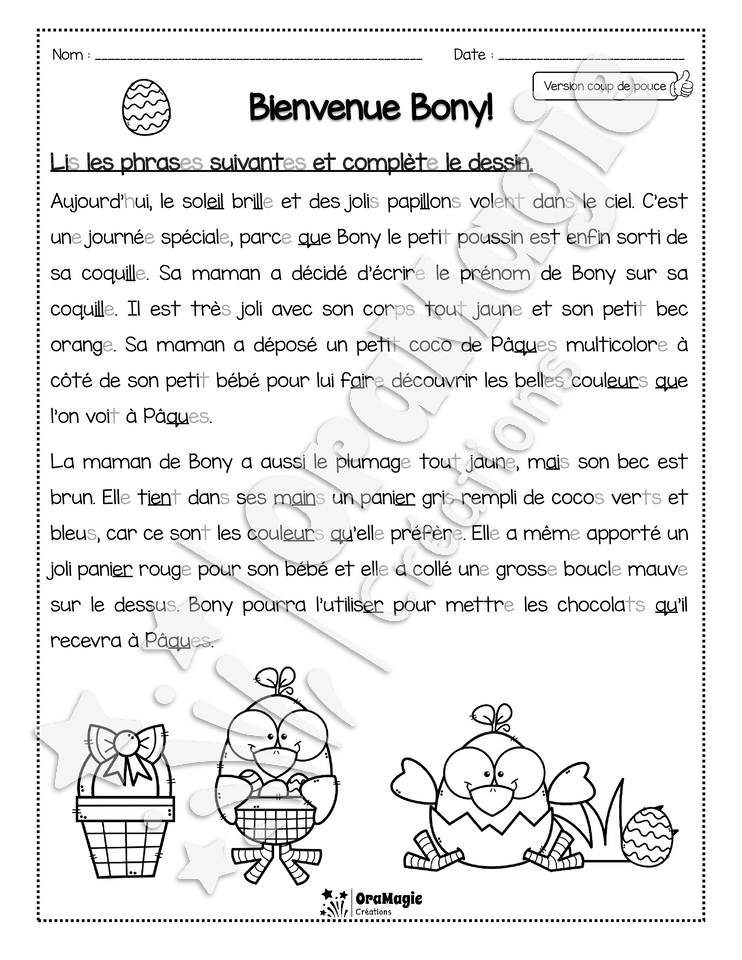 Compréhension de lecture - Lis et colorie - Bienvenue Bony!