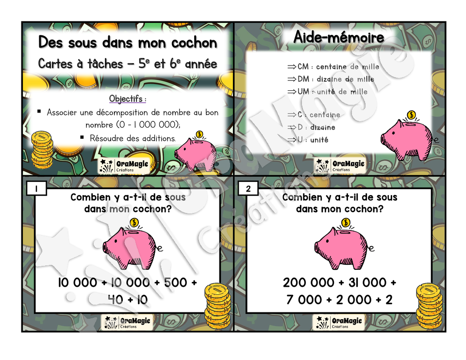 Cartes à tâches - Des sous dans mon cochon - Décomposition de nombres -3e cycle primaire - 5$.pdf