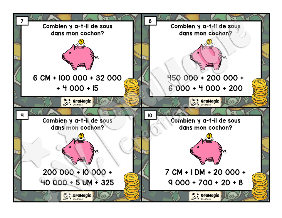 Cartes à tâches - Des sous dans mon cochon - Décomposition de nombres