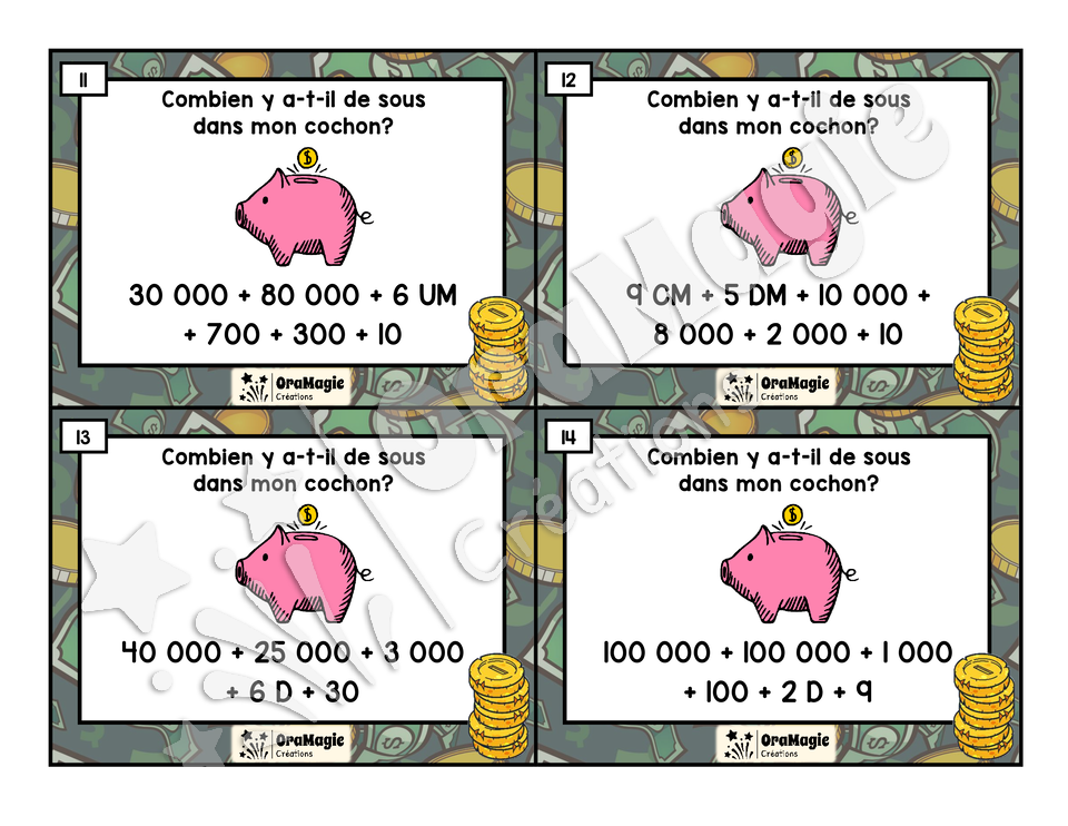 Cartes à tâches - Des sous dans mon cochon - Décomposition de nombres