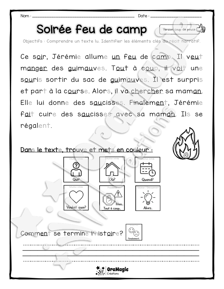Compréhension de lecture et du récit - Soirée feu de camp