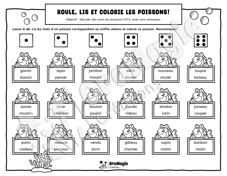 Roule, lis et colorie les poissons - Décodage mots CVCV AVEC sons amoureux - Langage écrit, 1re année.pdf