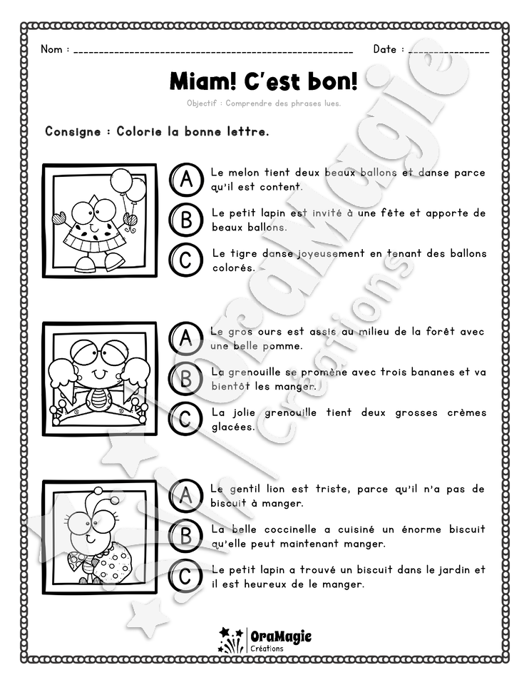 Compréhension de lecture - Trouve la bonne phrase - Miam! C'est bon! - 2e année.pdf