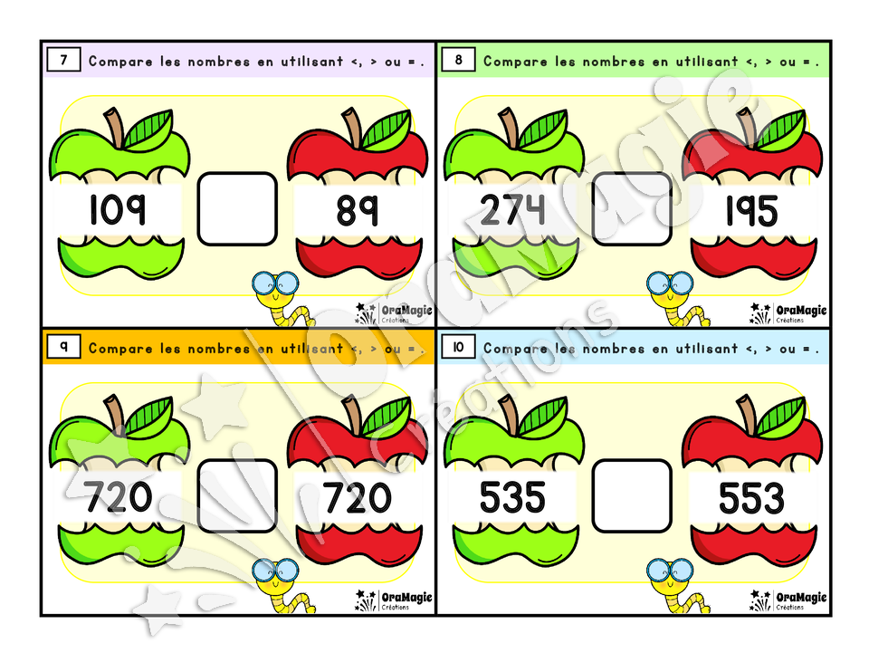 Cartes à tâches - Croque-pommes - Comparaison nombres entiers 1 à 2000