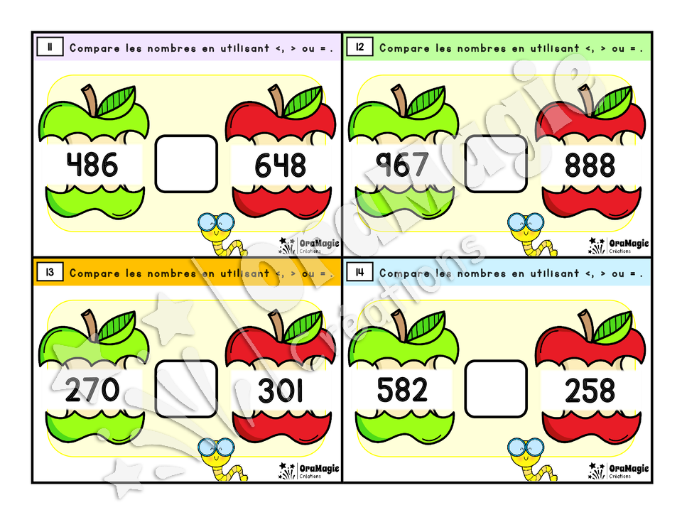 Cartes à tâches - Croque-pommes - Comparaison nombres entiers 1 à 2000