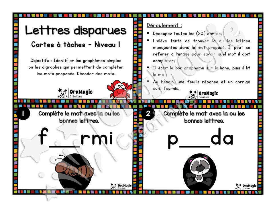 Cartes à tâches - Lettres disparues - Niveau 1 - Graphèmes simples et digraphes - Langage écrit, 1re et 2e année.pdf