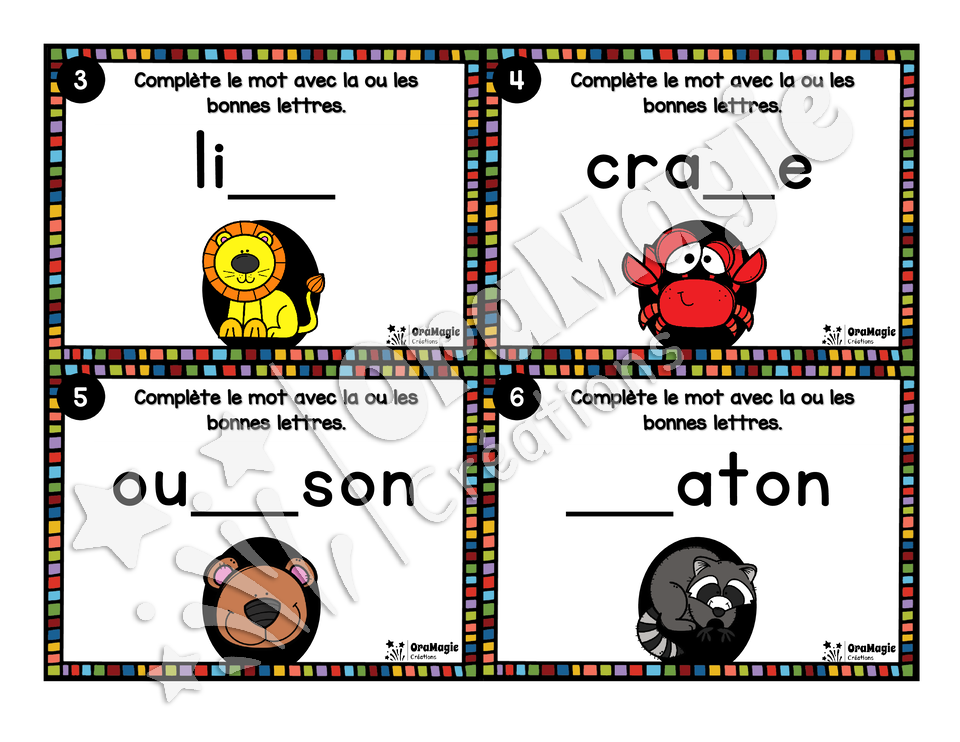 Cartes à tâches - Lettres disparues - Niveau 1 - Graphèmes simples et digraphes