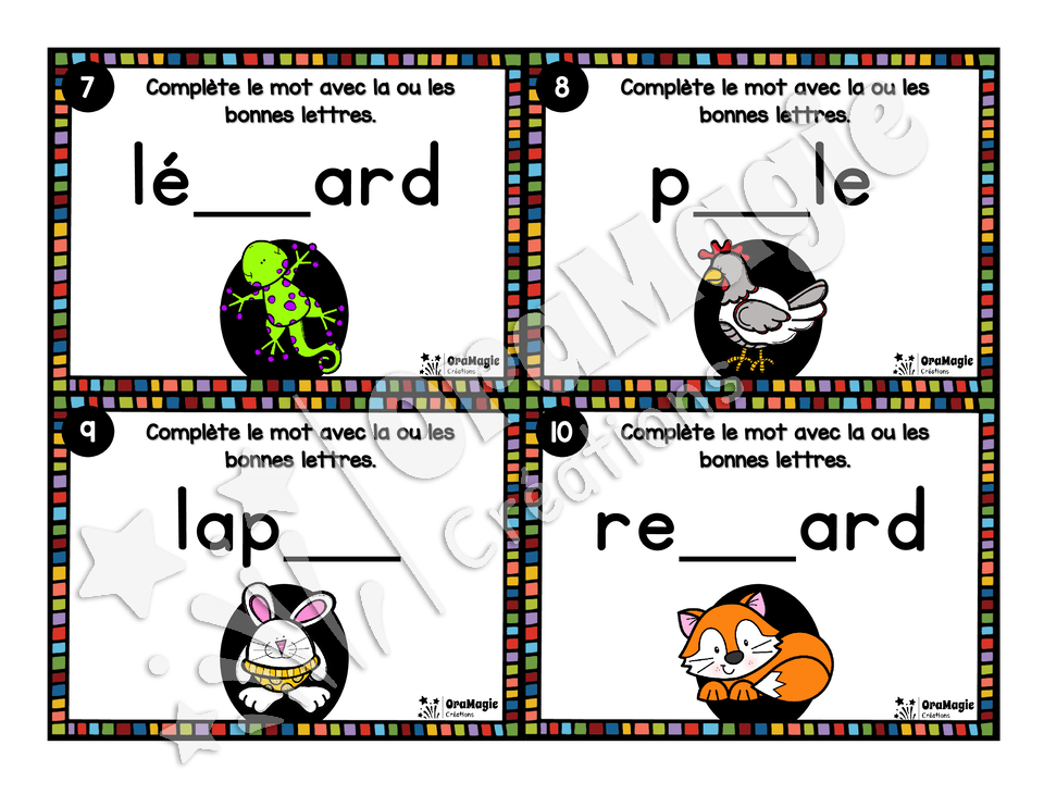 Cartes à tâches - Lettres disparues - Niveau 1 - Graphèmes simples et digraphes