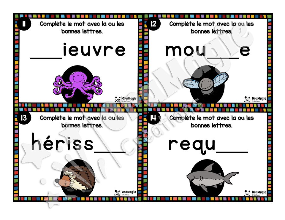 Cartes à tâches - Lettres disparues - Niveau 1 - Graphèmes simples et digraphes