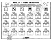 Roule, lis et colorie les poissons - Décodage mots simples de structure CV, avec sons amoureux ch, ou, on, in, an, en - Langage écrit, 1re année.pdf