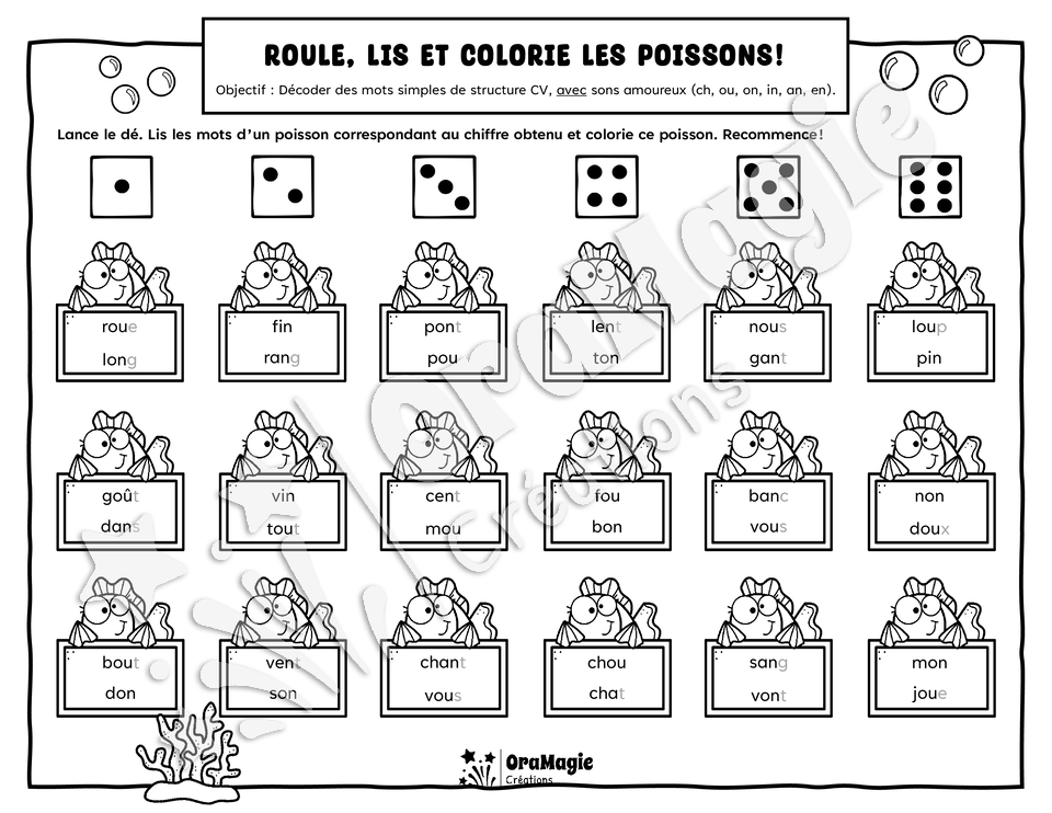Roule, lis et colorie les poissons - Décodage mots simples de structure CV, avec sons amoureux ch, ou, on, in, an, en - Langage écrit, 1re année.pdf