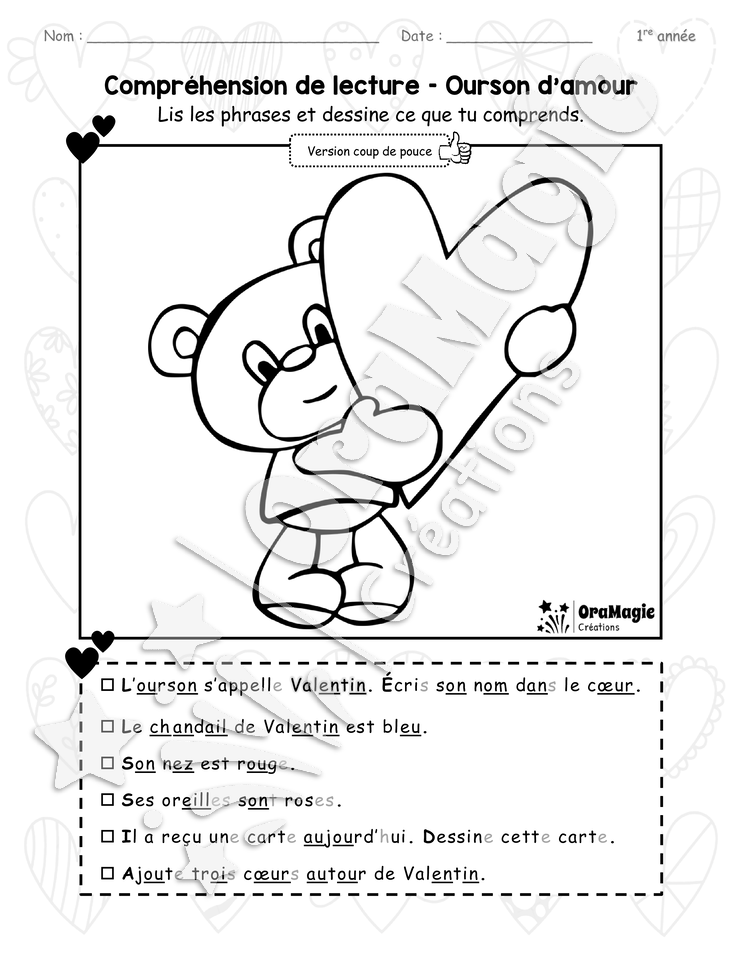 Compréhension de lecture - Ourson d'amour