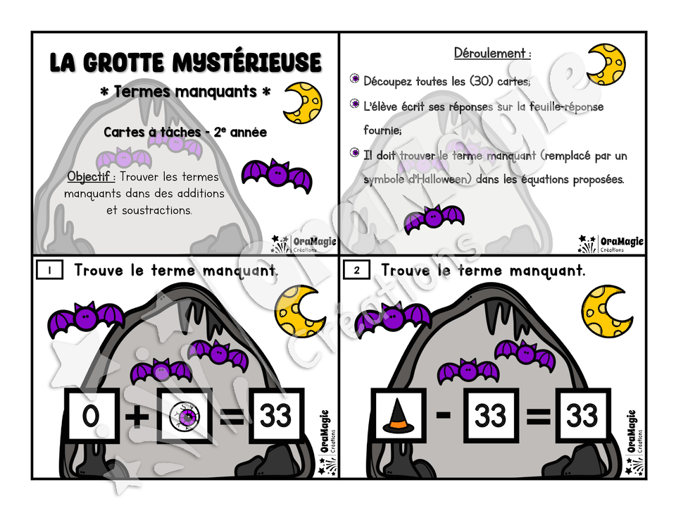 Cartes à tâches - Halloween - La grotte mystérieuse - Terme manquant - 2e année - Mathématiques - 6$.pdf