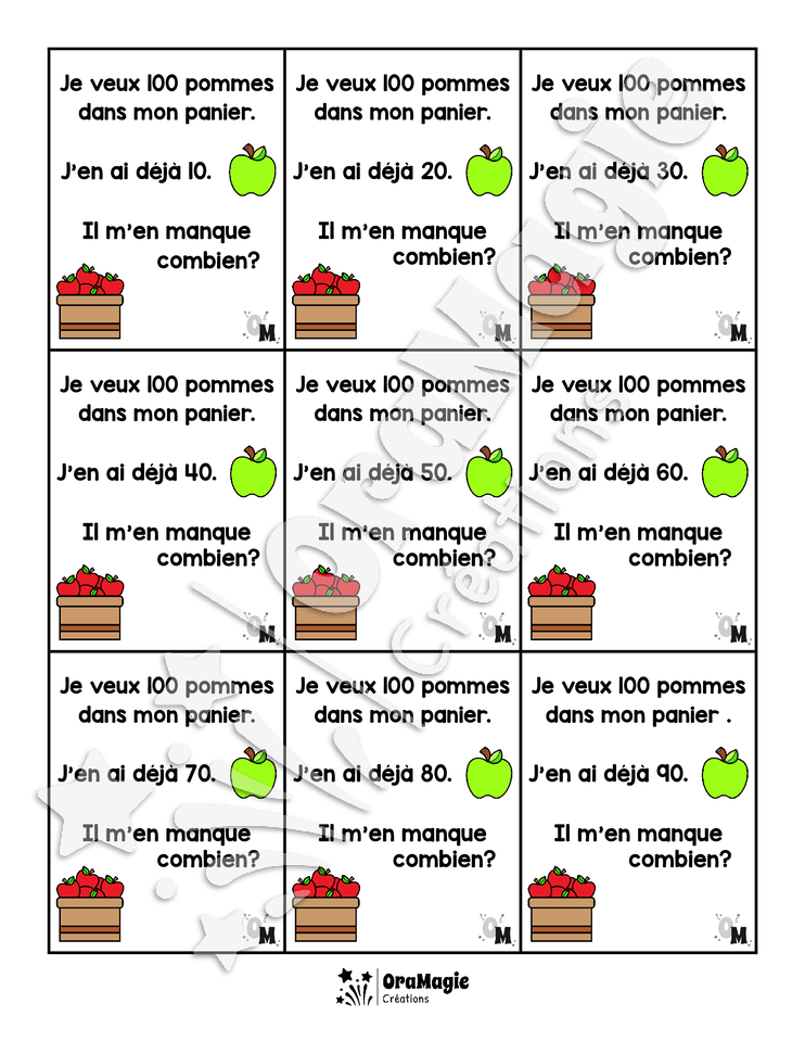 Compléments à 100 - Cartes rééducation mathématique