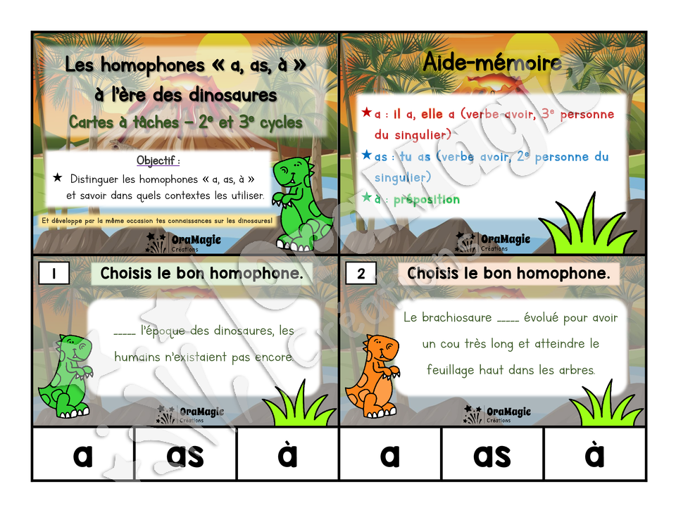 Cartes à tâches - Homophones -a, as, à- à l_ère des dinosaures - 2e et 3e cycles primaire - 5$.pdf