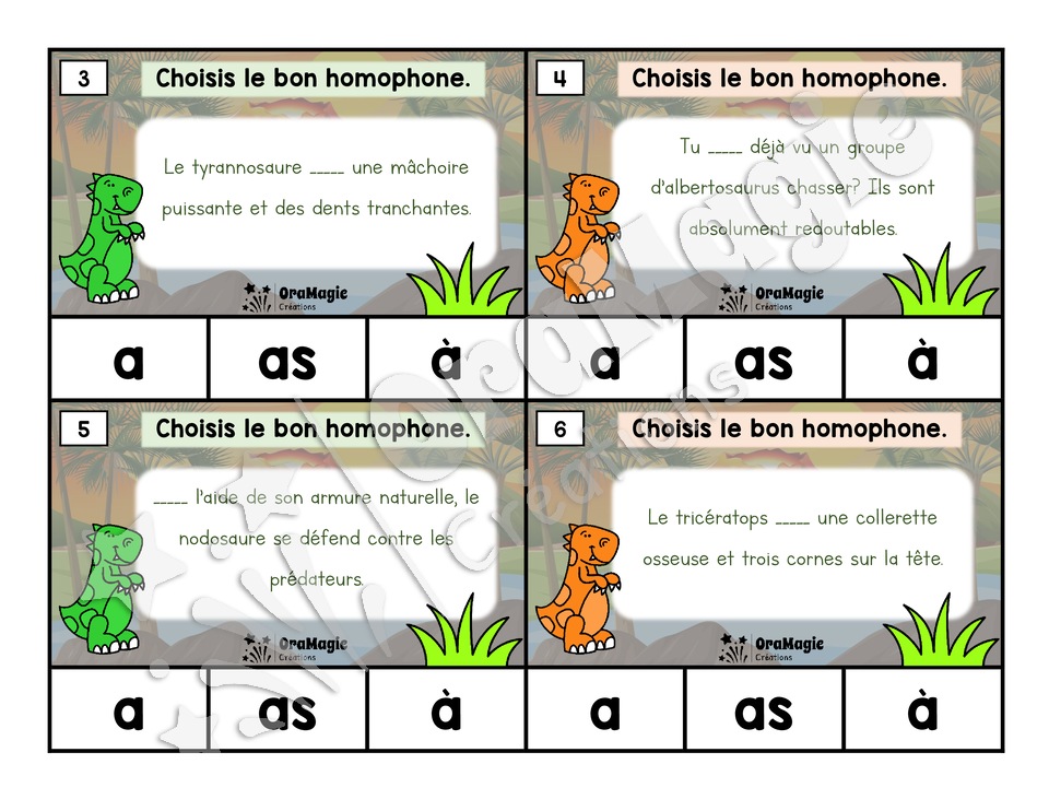 Cartes à tâches - Homophones -a, as, à- À l'ère des dinosaures