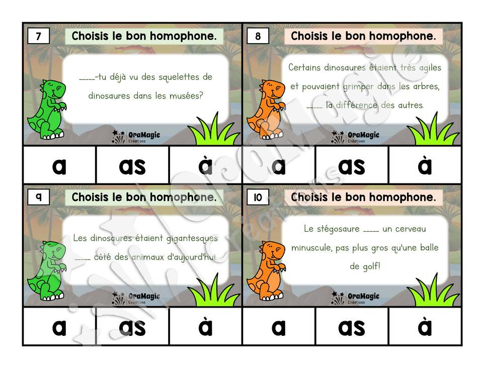 Cartes à tâches - Homophones -a, as, à- À l'ère des dinosaures