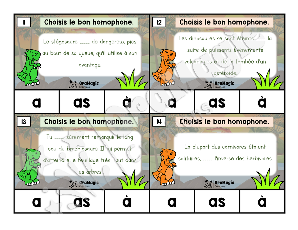 Cartes à tâches - Homophones -a, as, à- À l'ère des dinosaures