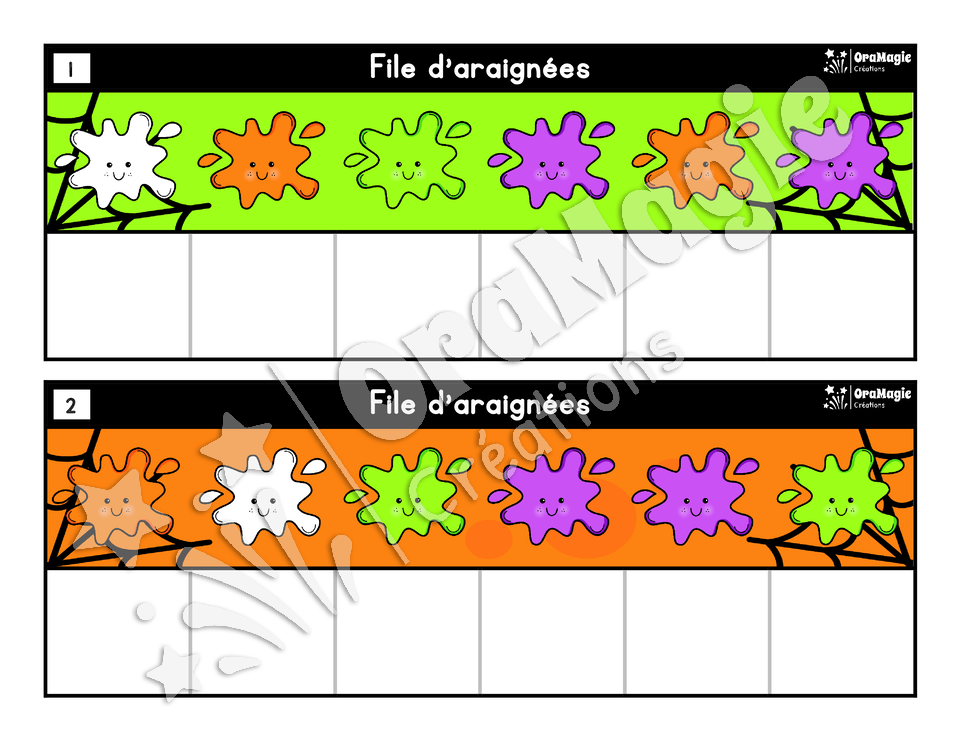 File d'araignées - Atelier préscolaire Halloween - Couleurs et ordre visuel