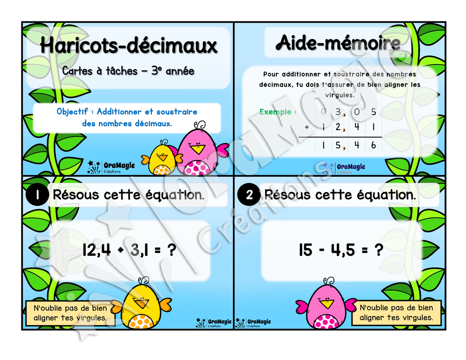Cartes à tâches - Haricots-décimaux - Additions et soustractions de nombres décimaux - 3e année.pdf