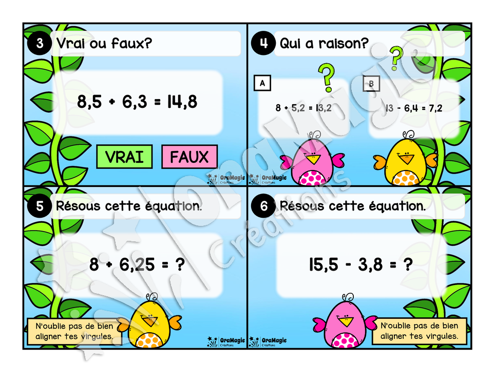 Cartes à tâches - Haricots-décimaux - Additions et soustractions de nombres décimaux