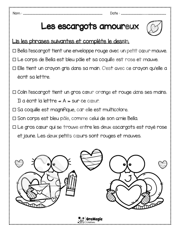 Compréhension de lecture - Lis et colorie - St-Valentin - Les escargots amoureux - 2e année - 2$.pdf