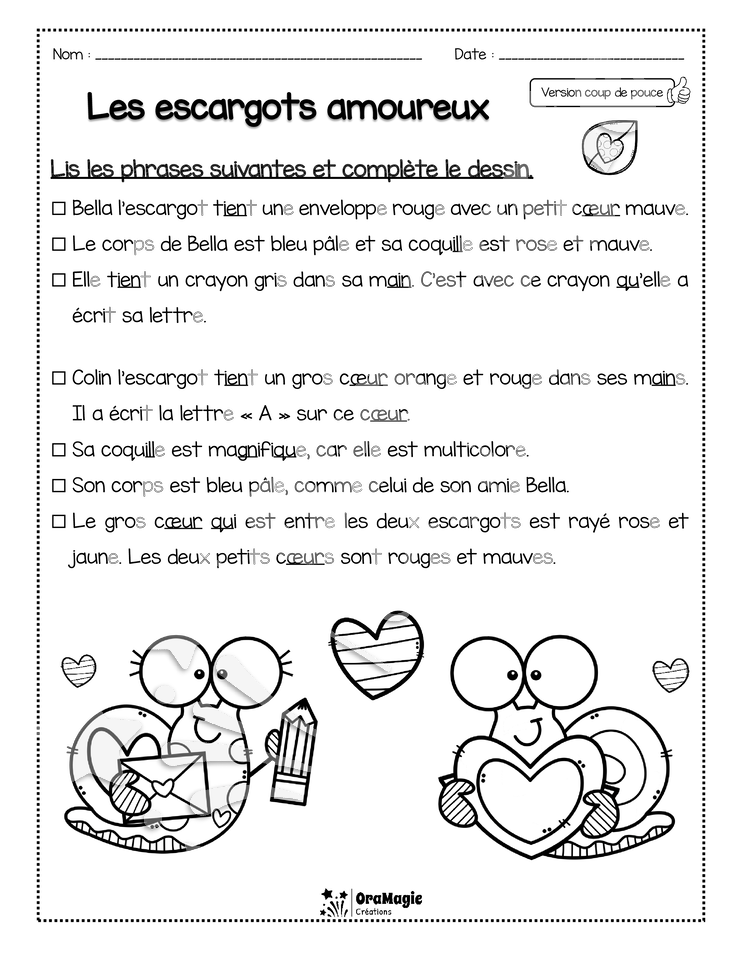 Compréhension de lecture - Lis et colorie - St-Valentin - Les escargots amoureux