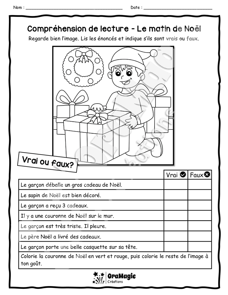 Compréhension de lecture Noël - 1re année - VRAI OU FAUX - Le matin de Noël - 2$.pdf