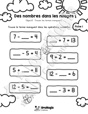 Des nombres dans les nuages - 3 fiches + corrigé - Terme manquant - 1re année.pdf