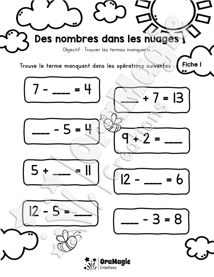 Des nombres dans les nuages - 3 fiches + corrigé - Terme manquant - 1re année.pdf