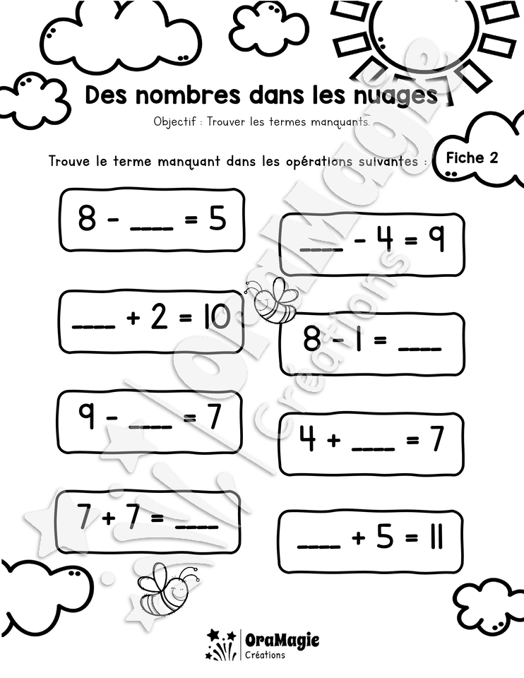 Des nombres dans les nuages - Terme manquant - 1re et 2e années