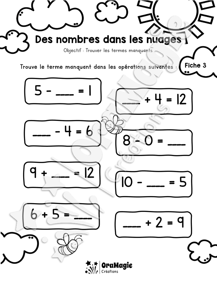 Des nombres dans les nuages - Terme manquant - 1re et 2e années