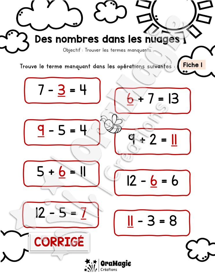 Des nombres dans les nuages - Terme manquant - 1re et 2e années