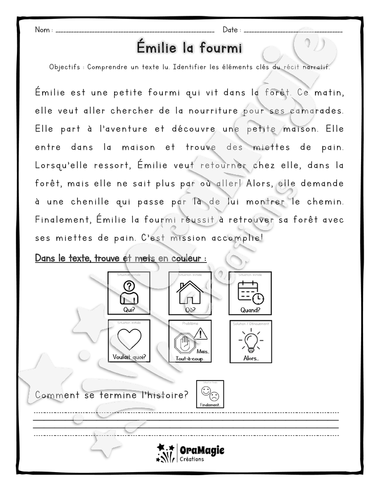 Compréhension de lecture et du récit 1re année - Émilie la fourmi.pdf