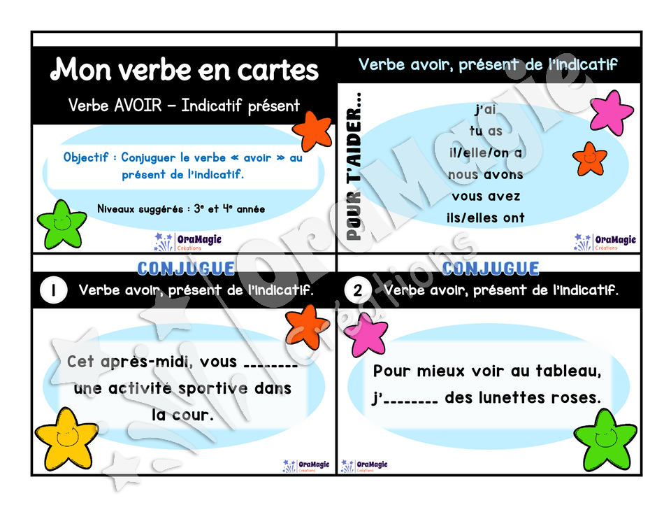 Cartes à tâches - Mon verbe en cartes - Verbe AVOIR présent de l'indicatif - 3e et 4e année.pdf