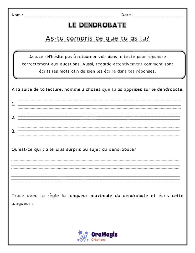 Comprendre un texte informatif - Texte le dendrobate
