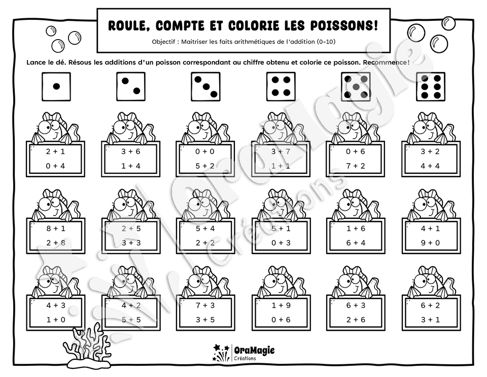 Roule, compte et colorie les poissons - Additions 0-10 - Rééducation math, 1re année.pdf