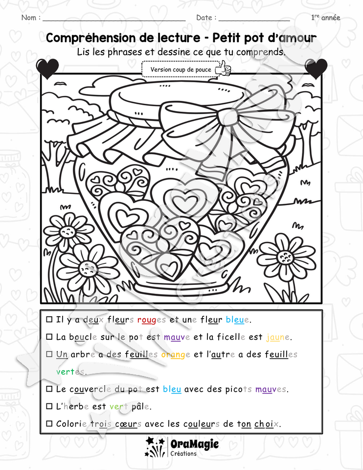 Compréhension de lecture - Petit pot d'amour