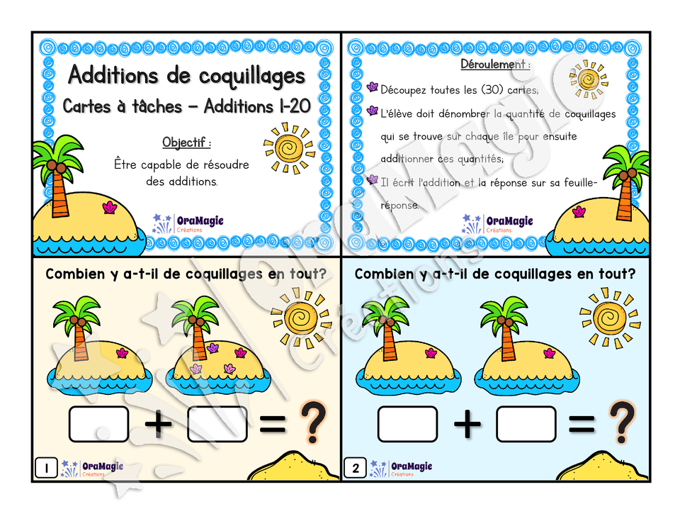 Cartes à tâches - Les additions 0 à 20 - Additions de coquillages - Préscolaire et 1er cycle - Mathématiques - 5$.pdf