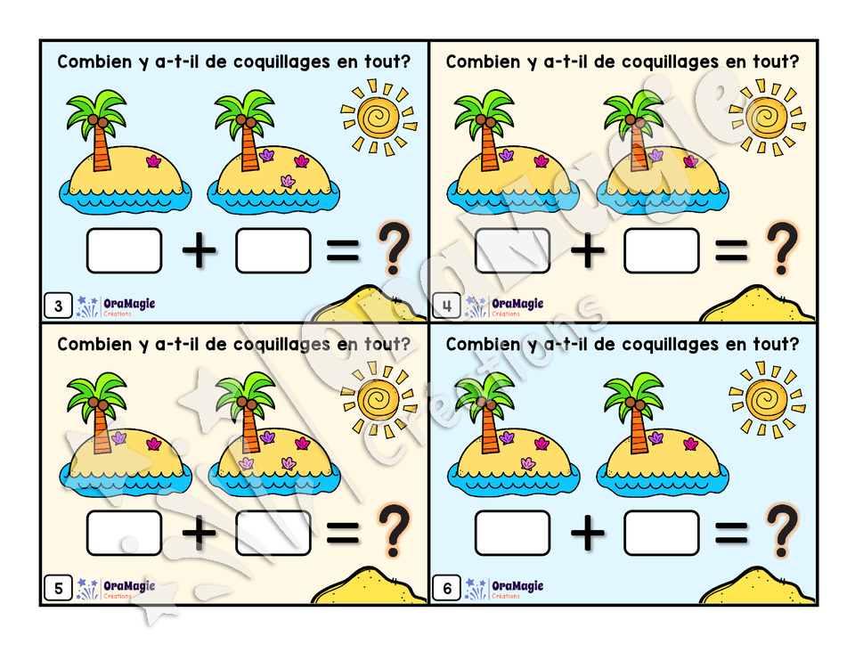 Cartes à tâches - Les additions 1 à 20 - Additions de coquillages