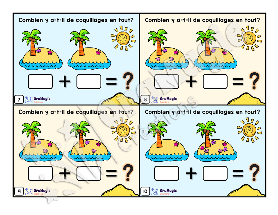 Cartes à tâches - Les additions 1 à 20 - Additions de coquillages