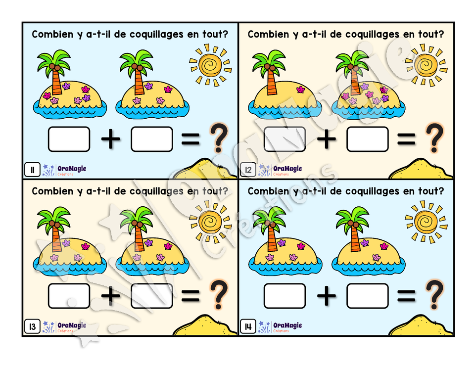 Cartes à tâches - Les additions 1 à 20 - Additions de coquillages