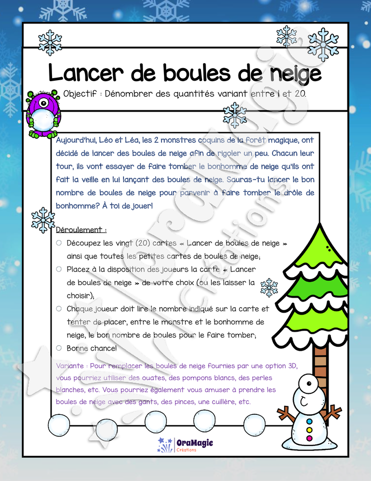 Lancer de boules de neige - Atelier dénombrement 1-20 - Version NB incluse - Préscolaire - 1re année - 3$.pdf