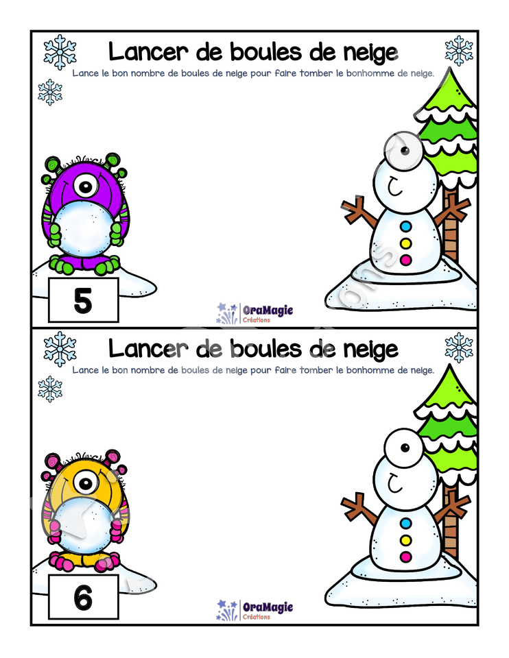 Lancer de boules de neige - Atelier dénombrement 1-20 - Version NB incluse