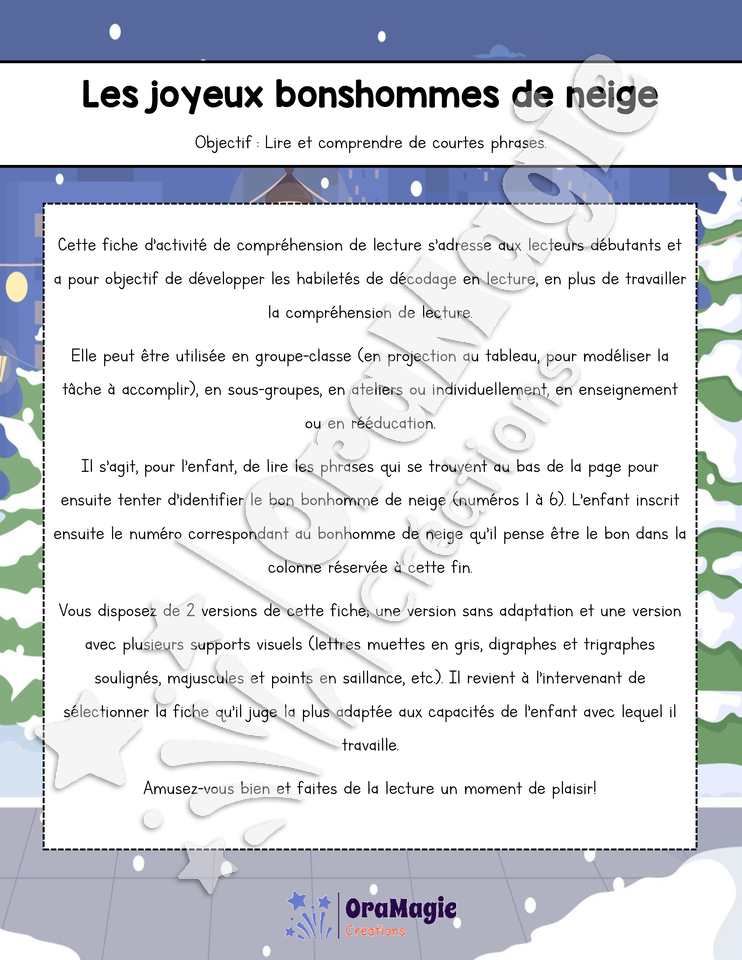 Compréhension de lecture - Les joyeux bonshommes de neige - 1re année.pdf