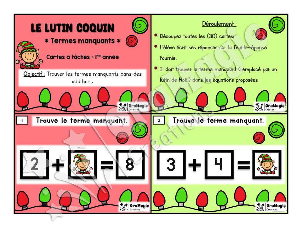 Cartes à tâches - Noël - Le lutin coquin - Terme manquant - 1re année - Mathématiques.pdf