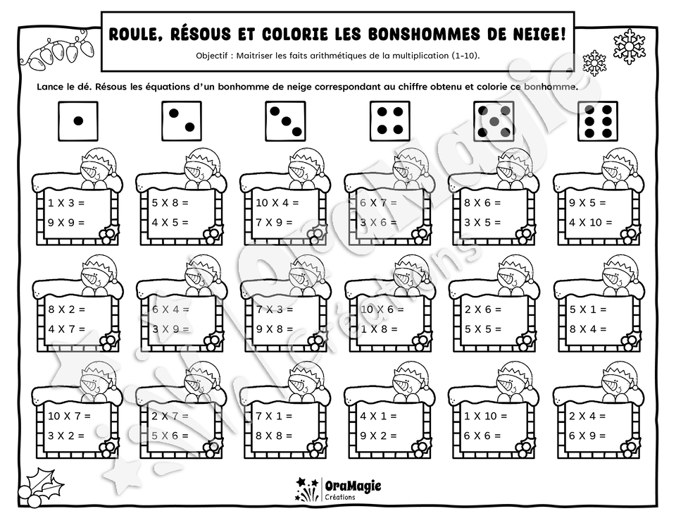 Roule, résous et colorie les bonshommes de neige - Multiplications 1 à 10 - Noël, 3e à 6e année.pdf