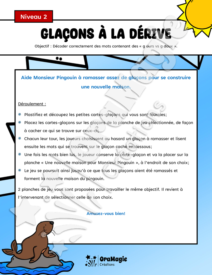 Glaçons à la dérive - Décodage de mots contenant des g durs vs g doux - niveau 2 - Langage écrit, 3e à 6e année.pdf