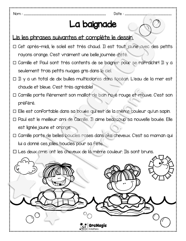 Compréhension de lecture - Lis et colorie - La baignade - 2e année - 2$.pdf